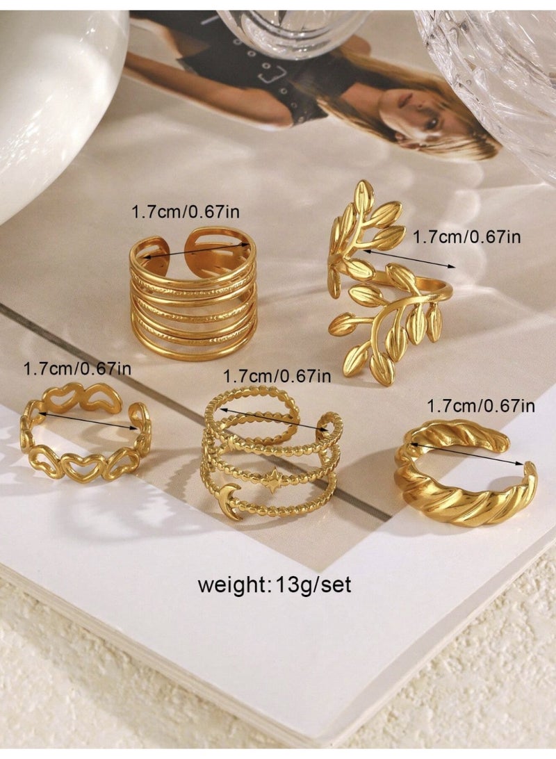 veya SET OF 5 WOMEN’S LEAF DESIGN RINGS – STAINLESS STEEL - Image 2